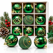 9pc Luxury Premium Baubles, Christmas Tree Bauble Decorations Matte, Glitter, shiny & Frosted (6cm) (Dk Green)