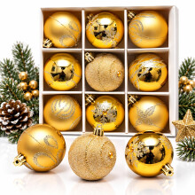 9pc Luxury Premium Baubles, Christmas Tree Bauble Decorations Matte, Glitter, shiny & Frosted (6cm) (Gold.)