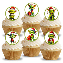 Pre-Cut Grumpy Green Christmas Cat Edible Rice Wafer Paper Cupcake Toppers Cake Decorations Wedding Party Xmas Cake Toppers Birthday Cupcake