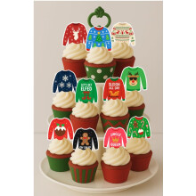30 x PRE CUT CHRISTMAS UGLY JUMPER SWEATER STAND UP EDIBLE WAFER CARD RICE PAPER CUPCAKE TOPPERS DECORATIONS