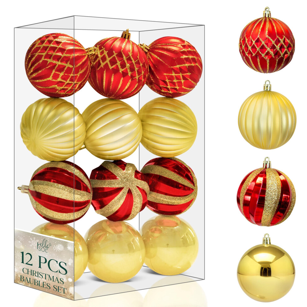 Pelle & Sol 12 Pcs Christmas Baubles Set 8cm/3.1inches - Christmas Decorations, Shatterproof Baubles for Tree Decorations, Lightweight Xmas Balls w/Easy to Hang String (Red & Gold) - Image 3