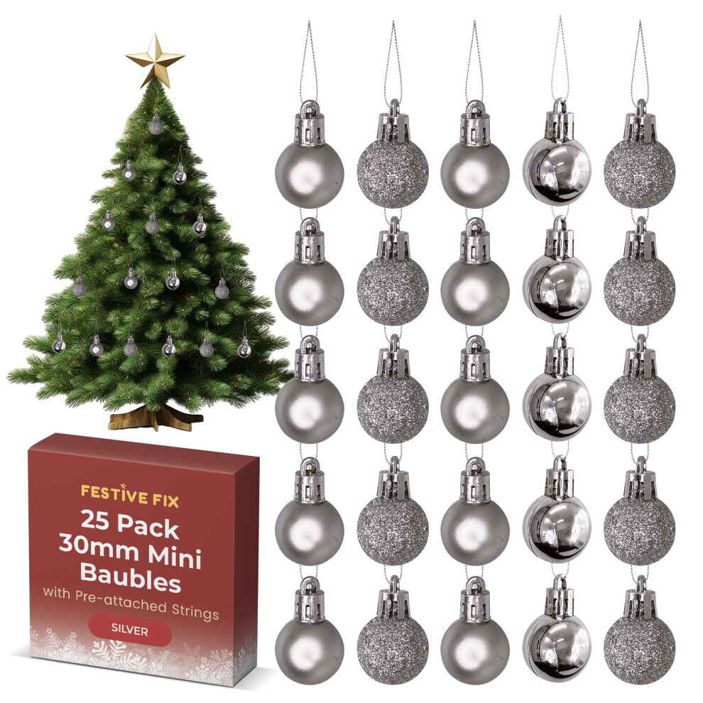 Festive Fix 25 Silver Mini Christmas Baubles - Shatterproof, Lightweight Small Tree Decorations For Xmas, Home, Party & Festive Displays - Image 2