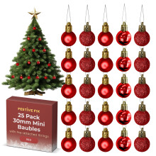 Festive Fix 25 Red Mini Christmas Baubles - Shatterproof, Lightweight Small Tree Decorations for Xmas, Home, Party & Festive Displays