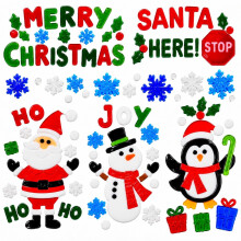 Christmas Window Stickers - 6 Sheets 25 x 14cm Reusable Gel Clings - Santa, Snowman, Penguin, Snowflakes, Merry Christmas & Santa Stop Here