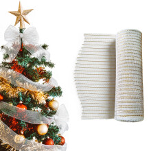 White and Gold Wide Christmas Tree Ribbon Decorations - Wired White and Gold Mesh Ribbon Christmas Decoration