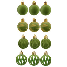 12 Pack Green Velvet Christmas Baubles 4cm - Luxury Shatterproof Tree Ornaments in 4 Elegant Designs | Emerald Green Decorations with Gold Glitter