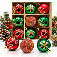 9pc Luxury Premium Baubles, Christmas Tree Bauble Decorations Matte, Glitter, shiny & Frosted (6cm) (Red & Green)