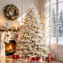 SHareconn 7FT Pre-Lit Snow Flocked PE Cedar Artificial Christmas Tree