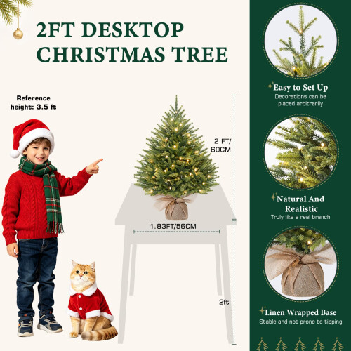 Alupssuc 2FT Pre-lit Artificial Mini PE Christmas Tree for Xmas Decorations 1