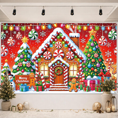 Merry Christmas Banner Red Christmas Decorations Gingerbread Man Backdrop