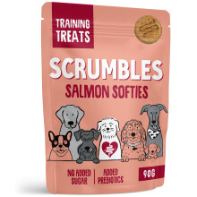 Scrumbles • Dog Treats • Hypoallergenic • All Lifestages • Salmon • 90g Bag • Gut Friendly Prebiotics • Linseeds Rich In Omega 3 & Fibre