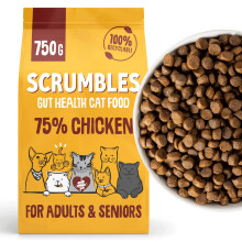 Scrumbles • Dry Cat Food • Hypoallergenic • All Lifestages • Chicken 75% • 750g Bag • Natural Complete Adult Recipe • Gut Friendly Prebi