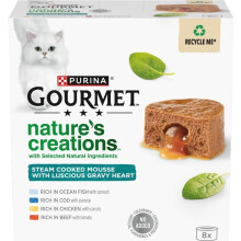 GOURMET Nature's Creations Mousse with Gravy Heart, Rich in Chicken with Carrots, Rich in Beef with Tomato, Rich in Ocean Fish with Spinach, Rich in