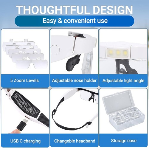 Headband Magnifier with LED Light, Head Mounted Magnifying Glasses for Reading 1