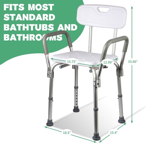 Shower Chair Bath Bench Seat Stool with Back Arms Adjustable Height 350lbs 2