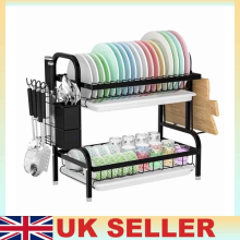 Two Tier Dish Drainer Rack with Drip Tray Cutlery Holder Plate Kitchen Sink Rack