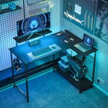 HOMCOM 114.5 cm L-Shaped Gaming Desk, Computer Desk with LED Lights, Black