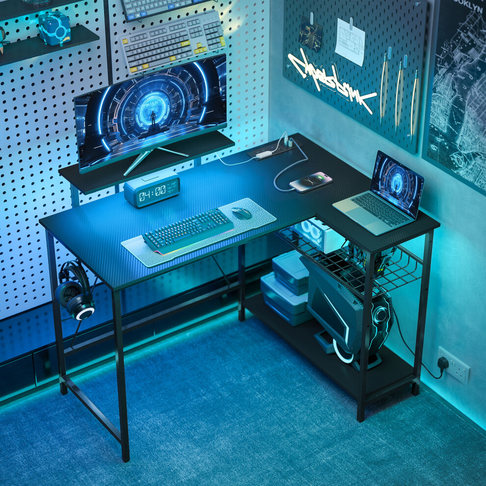 Homcom 114.5 Cm L-Shaped Gaming Desk, Computer Desk With Led Lights, Black