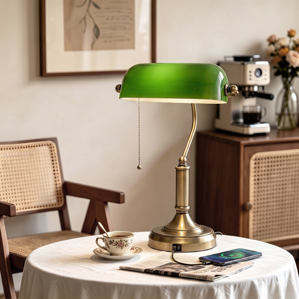 Rackhams Bronze/Green Desk Lamp With Vintage Tone Base, Pull Rope Switch, - Image 3