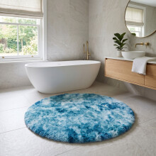 (Tie Dye Teal) Round Shaggy Bath Mat 4ft (120x120cm) Non Slip Bath Mats Soft Shaggy Bathroom Shower Rug