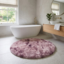 (Tie Dye Lilac) Round Shaggy Bath Mat 4ft (120x120cm) Non Slip Bath Mats Soft Shaggy Bathroom Shower Rug