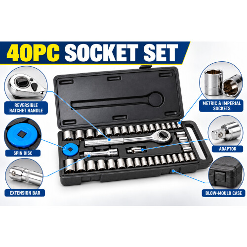 SOCKET SET 1/4 3/8 DR METRIC IMPERIAL-AF RATCHET DRIVER & STORAGE CASE (40PC) 1