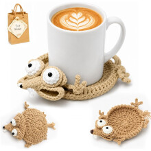 (Khaki) Crochet Lizard Coaster, Cute Handmade 3D Lizard Mug Rug, Funny Amigurumi Animal Cup Mat, Novelty Lizard Shaped Drink Coaster for Coffee Mug
