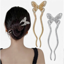 2PCS U Shaped French Twist Metal Hair Pins for Women,Vintage Butterfly Silver Gold Hairpins,Large 2 Prong Long Hair Forks for Long Thick Thin Hair,Rhi