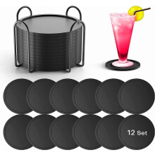 Schwarze Silikonuntersetzer, 12 runde Silikonuntersetzer mit Tablett, rutschfeste schwarze Untersetzer für Biergläser und Kaffeetassen
