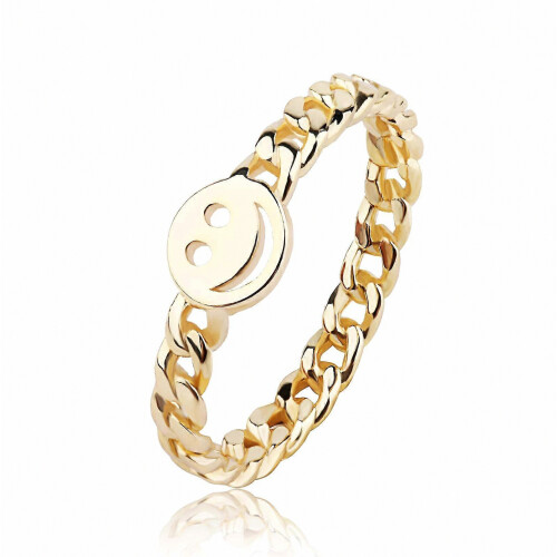 Women Good Luck Smiley Face Ring Happy Face Stackable Ring with Cute Chain Link Band