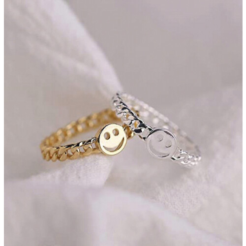 Women Good Luck Smiley Face Ring Happy Face Stackable Ring with Cute Chain Link Band 2