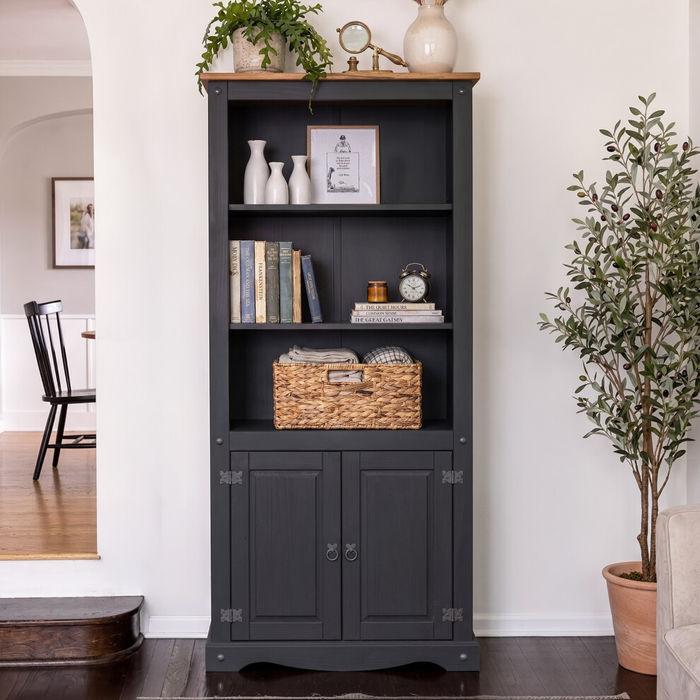 B&Q -  Corona Charcoal Grey 2 Door Bookcase Solid Wood Mexican Pine - Image 3