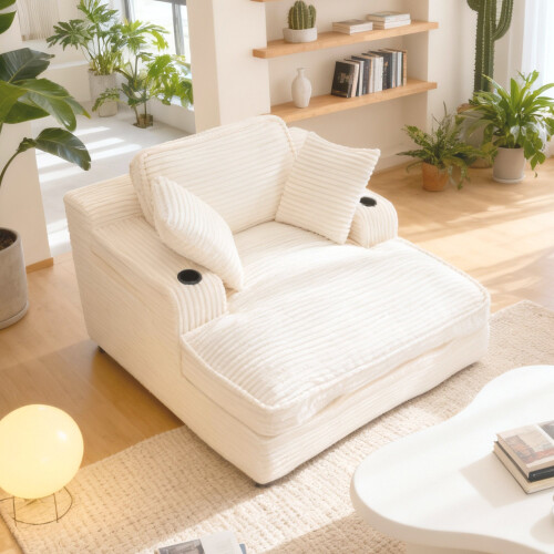 (Beige) Smartue Oversized Cloud Chaise Lounge With Cup Holders & Side Pocket, No Assembly Required 1
