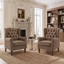 (Brown) SMARTUE Mid-Century Modern Accent Chair, Button Tufted Upholstered Armchair with Thick Padded Seat and Solid Wood Legs