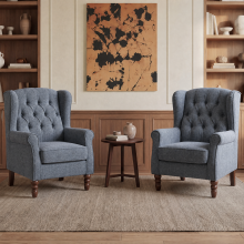 (Dark blue) SMARTUE Mid-Century Modern Accent Chair, Button Tufted Upholstered Armchair with Thick Padded Seat and Solid Wood Legs