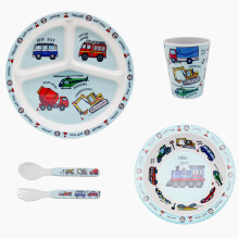 Kids Dining Set Vehicles Blue Children Dinner Lunch Plate Tray Bowl Cutlery Cup