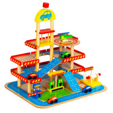 Amplio garaje de madera con ascensor + coches Ecotoys