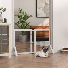 Barrière de sécurité pour animaux, 2 panneaux, bois blanc et acier, réglable 63-106 cm, hauteur 67 cm
