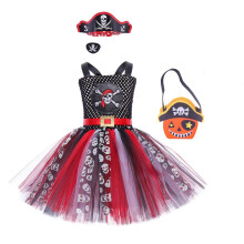 (10-12T(XXL)) Halloween Pirate Vestidos Costume Girls Carnival Party Tutu Dress Pirates Princess Dress Up Clothes