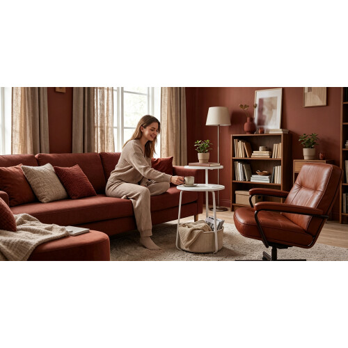 Round Side Table with Charging Station, 2-Tier Coffee Table, White 1