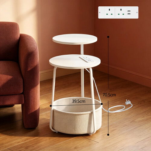 Round Side Table with Charging Station, 2-Tier Coffee Table, White