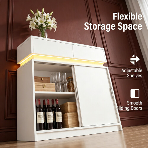 Sideboard with Power Outlet, 2 Sliding Doors & 2 Drawers, White 2
