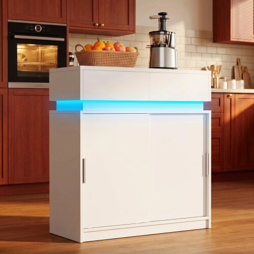Sideboard with Power Outlet, 2 Sliding Doors & 2 Drawers, White