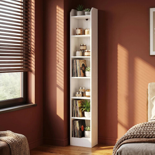 Bookcase 7 Tier Narrow Tall Bookshelf with Adjustable Shelf White