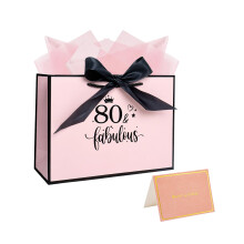 Nwvuop 11.0 8.0 4.0 Inches 80th Birthday Gift Bag for Women, 80th Pink Paper Gift Bag with Tissue Paper and Card