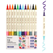 Grabie 24 Color Acrylic Paint Markers, Pack of 12 Dual Tip Brush Pens