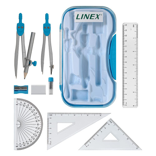Linex Maths Geometry Set, 10-Piece Exam Kit with Transparent Case, Blue, Includes Self-Centring Compasses, Protractor, Ruler, Set Squares & Eraser 1