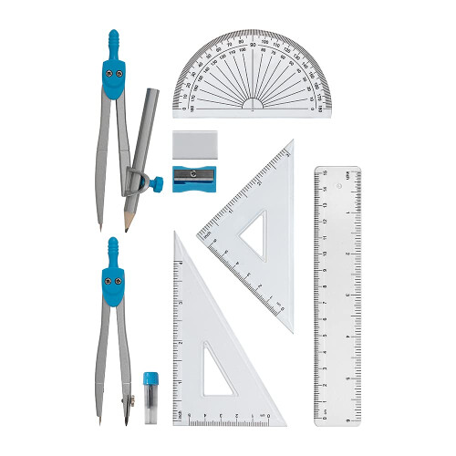 Linex Maths Geometry Set, 10-Piece Exam Kit with Transparent Case, Blue, Includes Self-Centring Compasses, Protractor, Ruler, Set Squares & Eraser 2