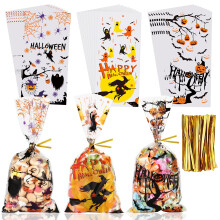 100 Pcs Halloween Cellophane Bags AUERVO Clear Cello Sweet Treat Gift Bags, Pumpkin Spider Ghost Pattern Party Bags with Gold Twist Ties for Hallowee