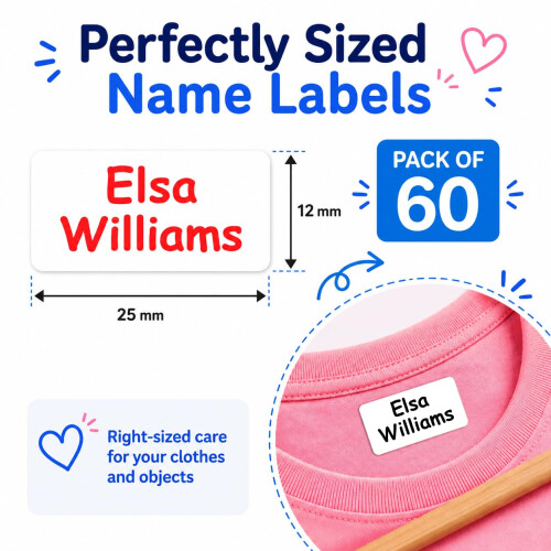 60 Personalised Stick on Name Labels for Clothes No Iron Just Peel 1